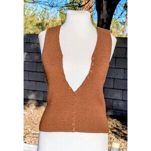 Fuji Knit Chocolate Brown 13-Button Wool Womens Petite Rib Med Sweater Vest Used